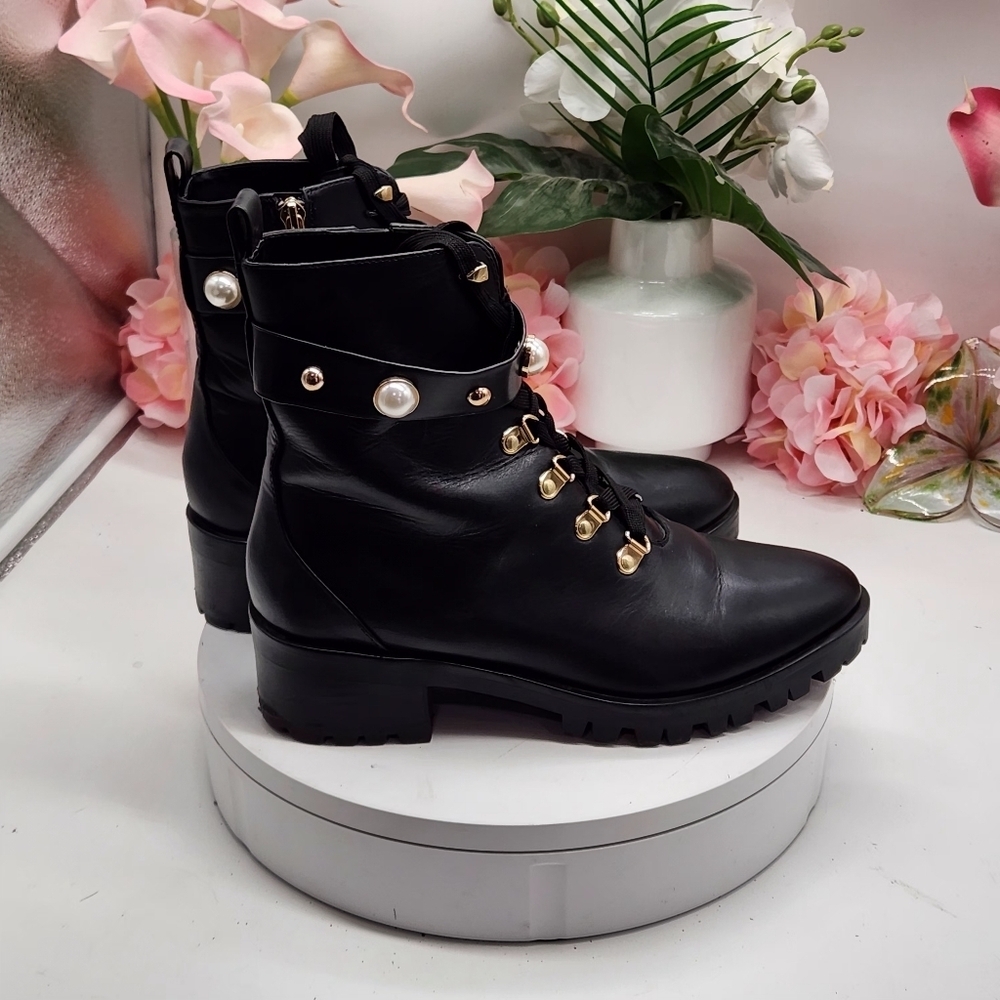 Karl Lagerfeld Lace-up Combat Boots Gold & Pearl Studded Sz 9.5M - Picture 9 of 15